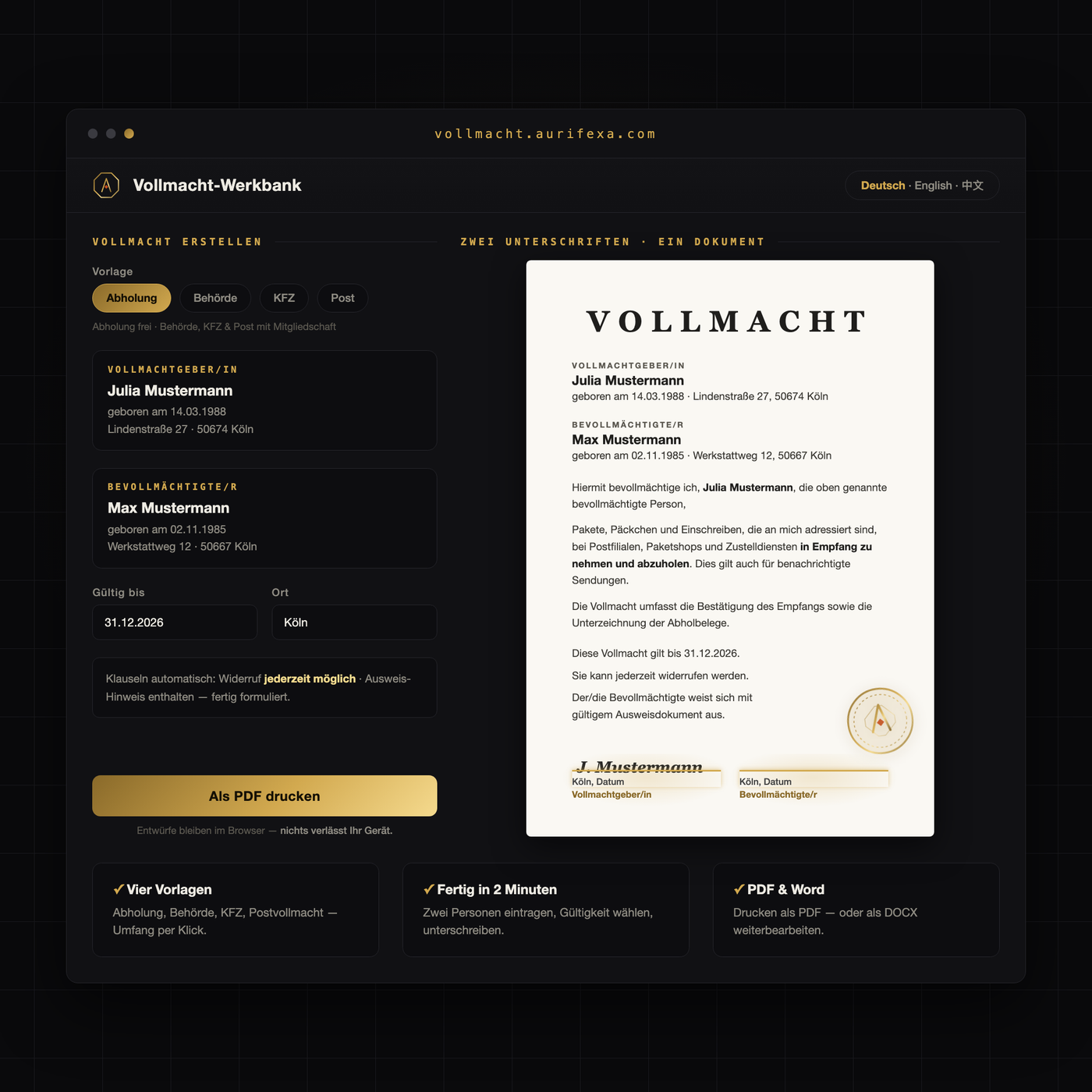 Vollmacht-Werkbank — Vollmachten zum Ausdrucken