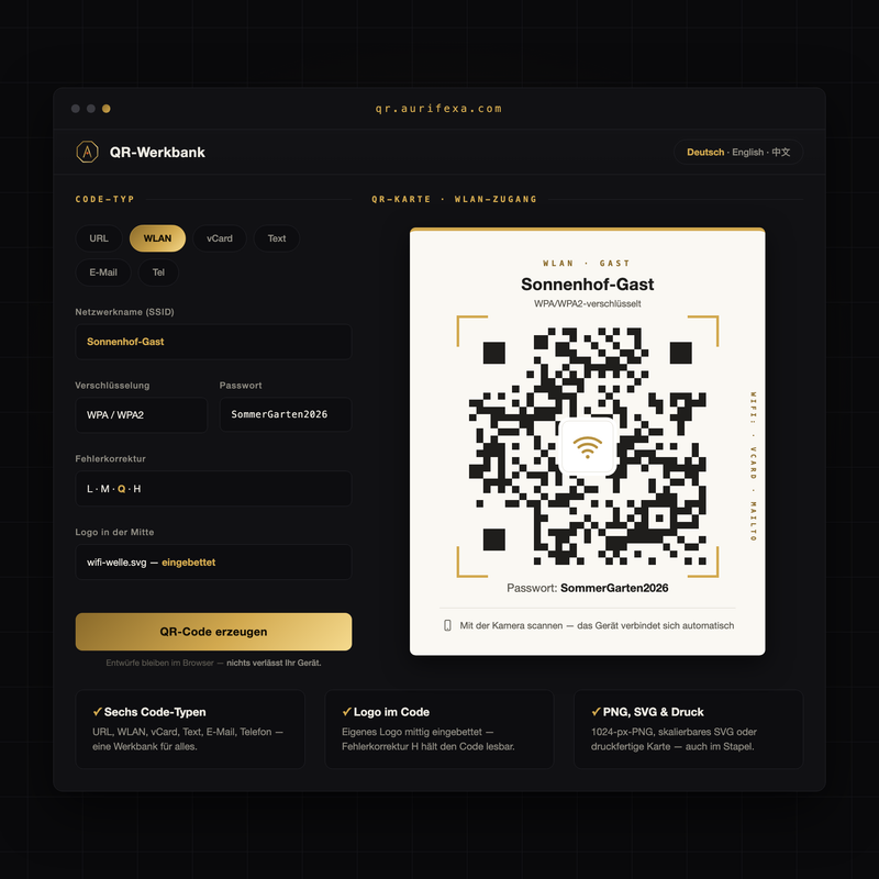 QR-Werkbank — QR-Codes für WLAN, Visitenkarte & Web