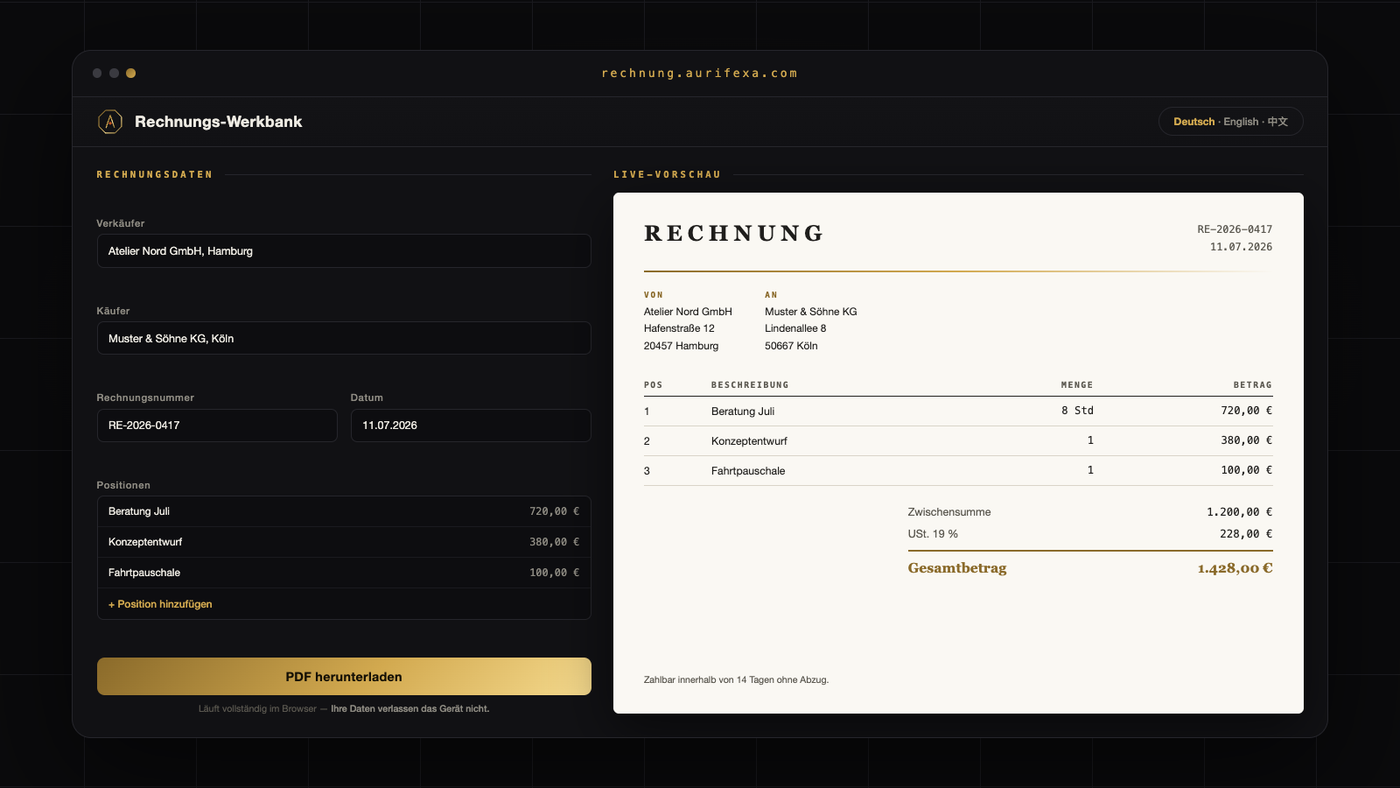 Rechnungs-Werkbank — Breitformat-Cover (rechnung.aurifexa.com)